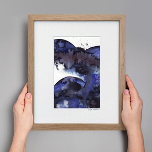 Original Abstract Watercolor, Minimalistic Art, Modern Art Painting, Original Framed Art, Small Purple Black Indigo Abstract Painting