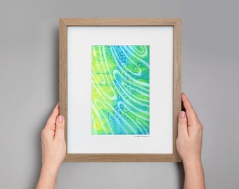 Original Abstract Watercolor Painting: Framed Modern Art, Blue Green Yellow