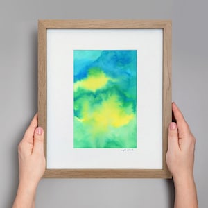 Original Abstract Watercolor, Minimalistic Art, Modern Art Painting, Original Framed Art, Small Yellow Blue Green Abstract Painting
