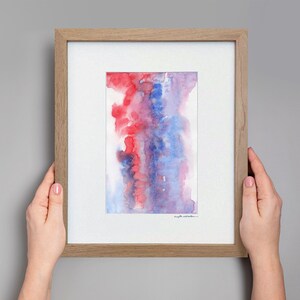 Original Abstract Watercolor, Minimalistic Art, Modern Art Painting, Original Framed Art, Small Blue Red Purple Abstract Painting