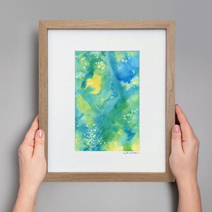 Original Abstract Watercolor, Minimalistic Art, Modern Art Painting, Original Framed Art, Small Blue Green Yellow Abstract Painting