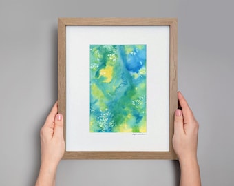 Framed Abstract Watercolor Painting: Blue, Green, Yellow Minimalist Art