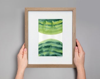Original Green Abstract Watercolor Painting: Framed Minimalist Art
