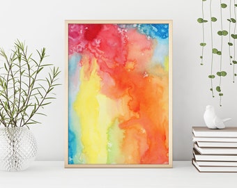 Rainbow Minimalist Printable Wall Art, Colorful Abstract Digital Watercolor, Instant Download
