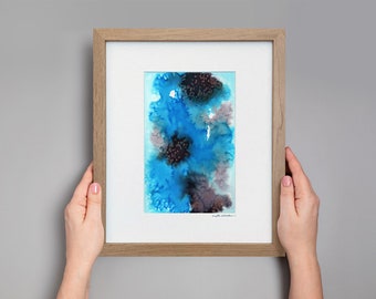 Original Blue Abstract Watercolor Painting - Framed Modern Art