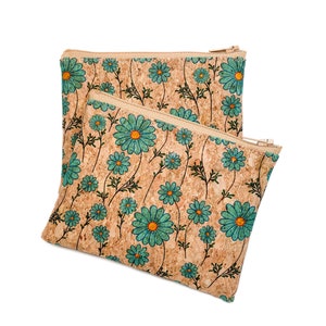 Monedero de piel de corcho con flores azules y tarjetero con cremallera