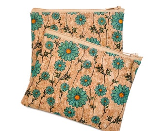 Blue flowers - Cork Leather Coin Purse, Card Zip Wallet