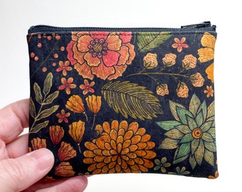 Floral on Black - Cork Leather Coin Purse, Card Zip Wallet