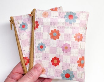 Checks and Daisies - Cork Leather Coin Purse, Card Zip Wallet