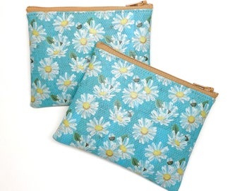 Flowers on Blue -  Cork Leather Coin Purse, Card Zip Wallet