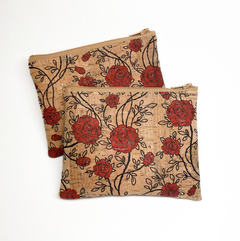 Red Roses Cork Leather Coin Purse, Card Zip Wallet image 1