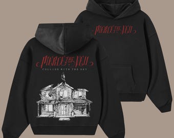 May include: Black hooded sweatshirt with a white graphic of a house with the text "PIERCE THE VEIL" and "COLLIDE WITH THE SKY" in red.