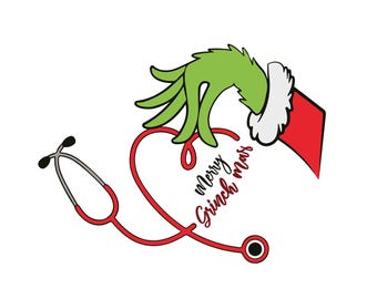Può includere: Un'illustrazione stravagante con una mano verde, uno stetoscopio rosso e argento a forma di cuore e la scritta "Merry Grinch mas". La mano del Grinch si protende verso lo stetoscopio. Il design è su sfondo bianco.