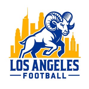May include: A blue and white ram leaping over a yellow skyline. The words "LOS ANGELES FOOTBALL" are displayed in blue, with a horizontal blue line above and below the text. The image has a white background.
