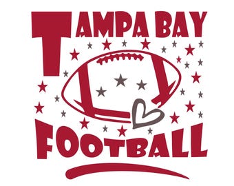 May include: Red and white graphic with the text "Tampa Bay Football" and a stylized football with a heart. The graphic is surrounded by small white stars.
