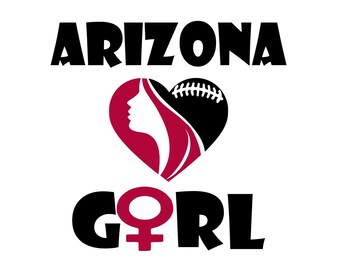 May include: Black and red graphic design with the text "Arizona Girl" and a heart with a female silhouette and a football inside.