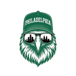 Op de afbeelding: Een groene afbeelding van een adelaar met een groene baseballcap met "PHILADELPHIA" in witte tekst. De adelaar draagt ook een zwarte zonnebril met een skyline die in de glazen wordt weerspiegeld. De adelaar heeft groene veren.