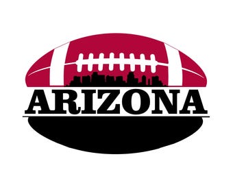 May include: A red and white football with a black silhouette of a city skyline and the word "ARIZONA" in black text.