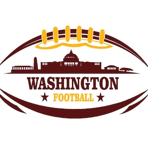 May include: A brown and gold football logo with a silhouette of the Washington D.C. skyline, including the Capitol Building. The text "WASHINGTON FOOTBALL" is below the skyline.