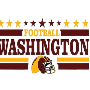 Peut inclure: Un logo bordeaux et or avec le texte "FOOTBALL WASHINGTON" et un casque de football et un ballon de football. Il y a huit étoiles dorées au-dessus du texte.