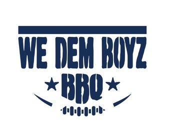 May include: A blue and white logo with the text "WE DEM BOYZ BBQ" and two stars on either side of the word "BBQ".