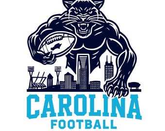 May include: A black panther mascot holding a football in front of a cityscape with the text "CAROLINA FOOTBALL" below.