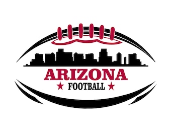 May include: A black and white silhouette of a city skyline inside a red and black football shape. The text "ARIZONA FOOTBALL" is below the city skyline.