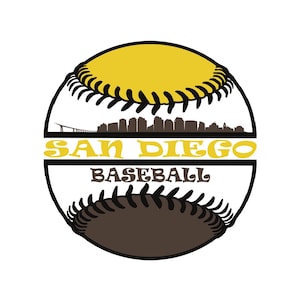 Puede incluir: Una pelota de béisbol con un diseño amarillo y marrón. La pelota está dividida en dos mitades con las palabras "San Diego Baseball" en letras amarillas sobre un fondo blanco.