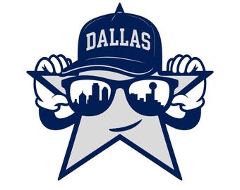 May include: A cartoon star wearing sunglasses and a navy blue baseball cap with the word "DALLAS" in white. The sunglasses reflect a city skyline. The star has white gloves and a smiling face.