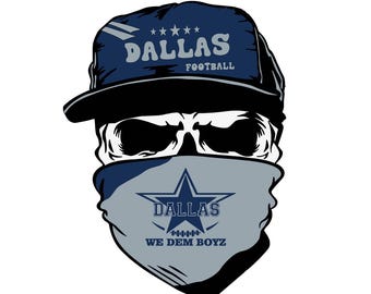 May include: A skull wearing a blue and gray bandana with a white star and the text "Dallas We Dem Boyz" and a blue baseball cap with the text "Dallas Football" and five stars.