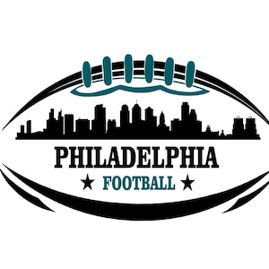 Könnte beinhalten: Schwarze und weiße Silhouette der Skyline von Philadelphia in einer blaugrünen und schwarzen Fußballform. Der Text "PHILADELPHIA FOOTBALL" befindet sich unterhalb der Skyline.