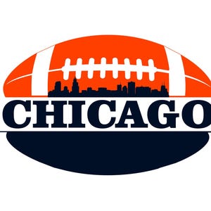 May include: An orange and white football with a silhouette of the Chicago skyline and the word "CHICAGO" in black text.