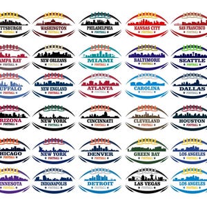 Może przedstawiać: Kolekcja wzorów w kształcie piłki nożnej amerykańskiej, z panoramą miasta i napisem "FOOTBALL". Miasta to m.in. Pittsburgh, Waszyngton, Filadelfia, Kansas City i San Francisco. Wzory są w różnych kolorach.