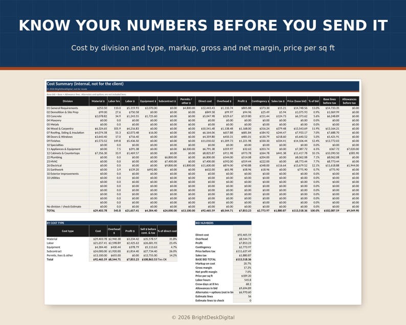 Contractor Estimate Spreadsheet, Construction Bid Calculator, Proposal ...