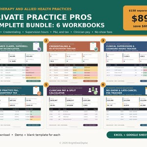 May include: A digital bundle of six workbooks for therapy and allied health practices, including trackers for insurance claims, credentialing, clinical supervision, P&L, clinician pay, and no-show fees, compatible with Excel and Google Sheets.