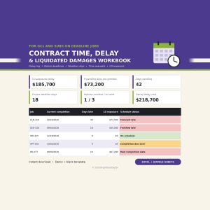 以下が含まれることがあります： GCおよび下請業者向けのContract Time, Delay & Liquidated Damages Workbookというタイトルのデジタルワークブック。紫色のヘッダー、カレンダーアイコン、およびジョブステータス、完了日、財務数値を示すデータテーブルが含まれています。