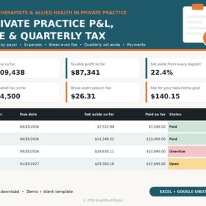 May include: A digital financial template for therapists titled Private Practice P&L, Fee & Quarterly Tax. It displays income, expenses, and tax data in tables and boxes, including specific dollar amounts, dates, and status labels like Paid, Overdue, and Open.