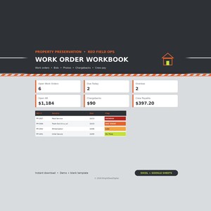 Property Preservation Spreadsheet, REO Work Order Tracker & Bid Log, Field Vendor Chargeback, Crew Pay, Excel Google Sheets Template