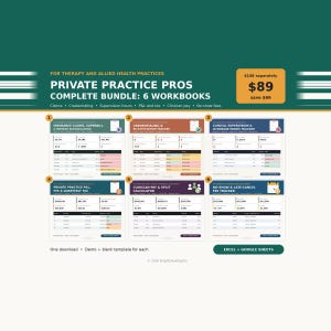 May include: A digital bundle of six workbooks for therapy and allied health practices titled Private Practice Pros. The set includes trackers for insurance claims, credentialing, supervision hours, P&L, clinician pay, and no-show fees for Excel and Google Sheets.