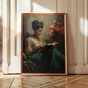 Black Female Portrait of Woman Reading a Book, Vintage African American Art, Vintage bookish wall art, African Black Art Posters