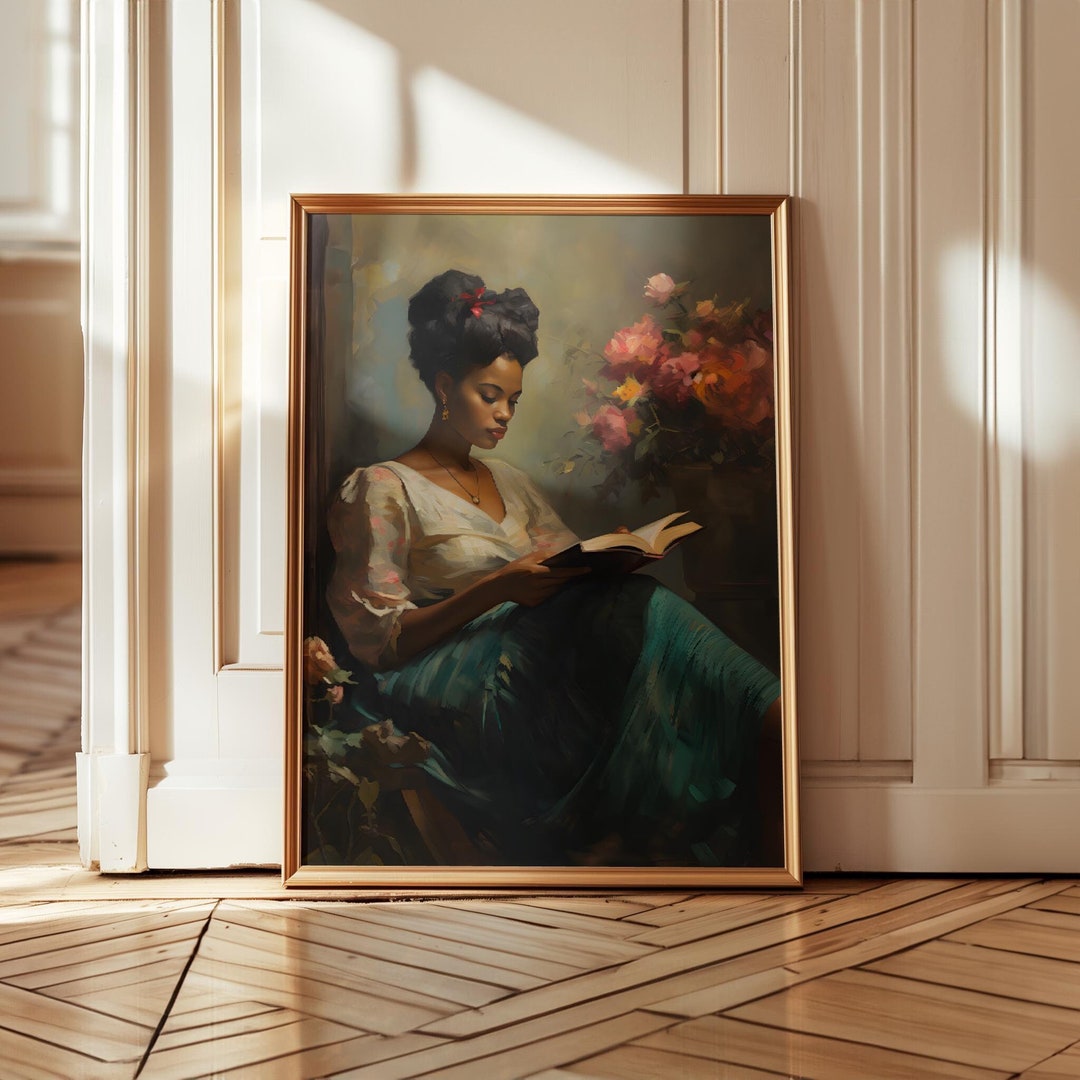 Black Female Portrait of Woman Reading a Book, Vintage African American ...