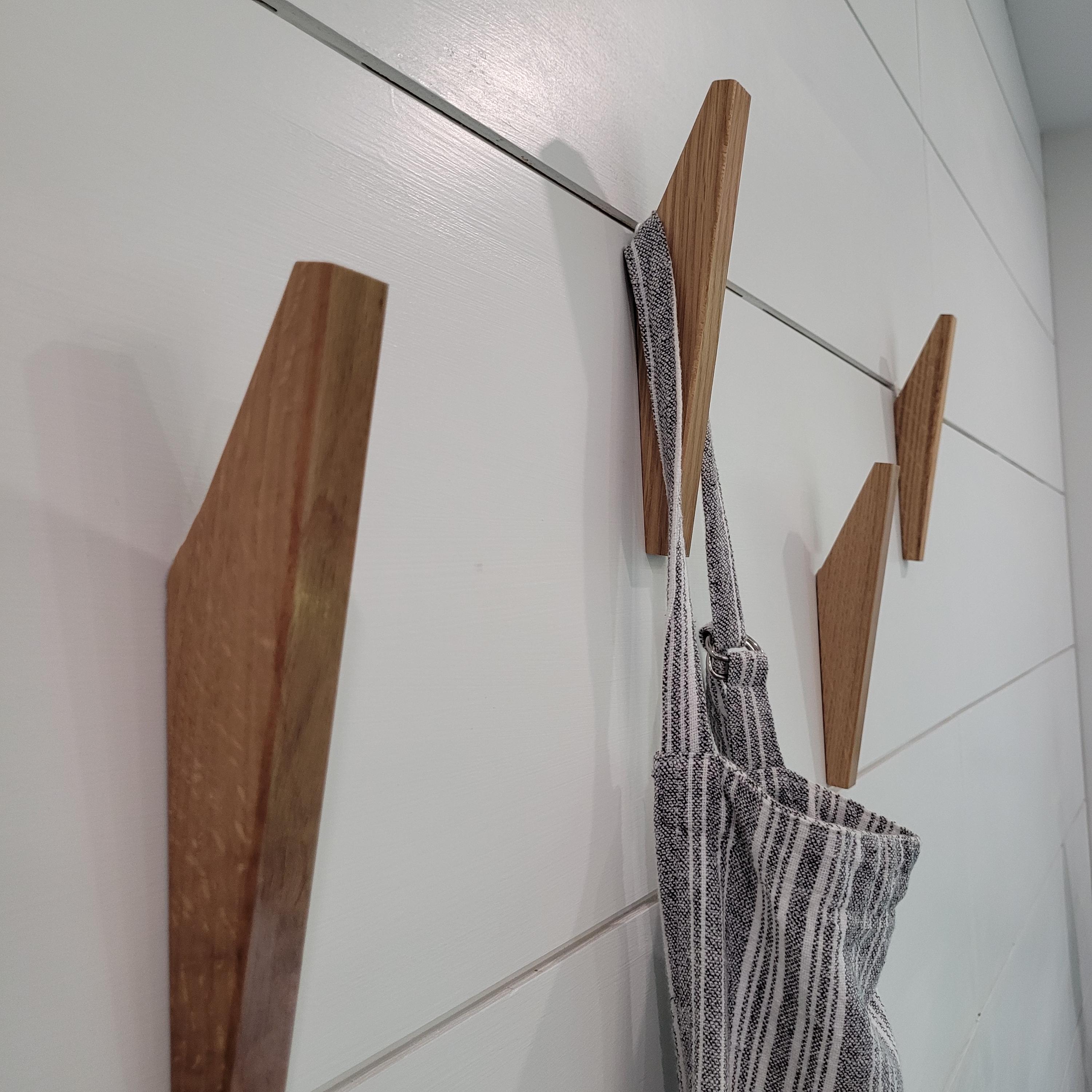 Set Of White Oak Wooden Wall Hooks, 8" (Easy Installation)