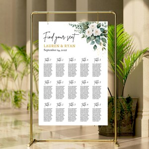 Plantilla para plano de asientos de boda con eucalipto, rosas blancas y vegetación / Gráfico editable en Canva / Póster floral en acuarela / Letrero de recepción imprimible