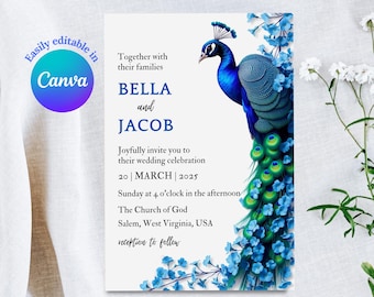 Blue Peacock Wedding Invitation Card Editable Canva Template Elegant Peacock Nuptials Blue Floral Design Digital Download Entourage Invite