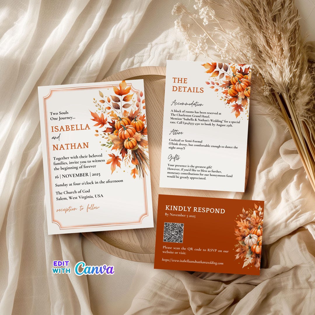 Fall Wedding Invitation Set With Burnt Orange Leaves & Pumpkin Design ...