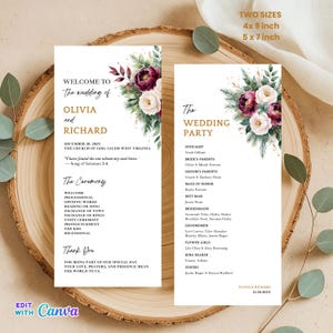 May include: Wedding program featuring floral accents in burgundy and white. The program includes the names Olivia and Richard, ceremony details, and wedding party information. Available in 4x9 inch and 5x7 inch sizes.