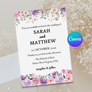 Canva Lila Blumen Hochzeit, Einladungskarte, Laden Vorlage, Elegante Hochzeit, Aquarell Blumige Design Vorlage, Digitaler Download