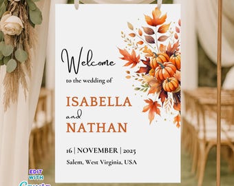 Fall Wedding Welcome Sign: Pumpkin & Autumn Leaf (Editable Canva Template, Instant Download)