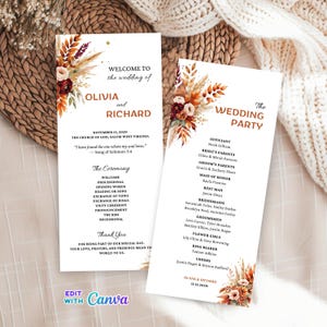 Może przedstawiać: Dwa białe programy ślubne z kwiatowymi akcentami w kolorze pomarańczowym, brązowym i bordowym. Programy zawierają imiona "Olivia i Richard", szczegóły ceremonii i listę gości weselnych. Widoczny jest tekst "Edit with Canva".