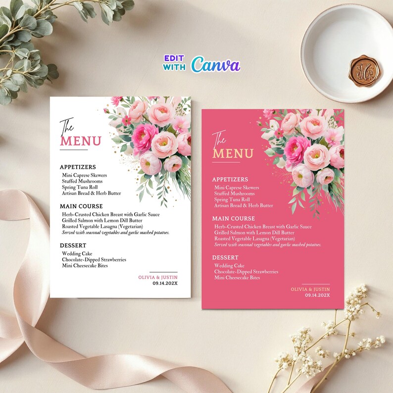 Blush Pink Wedding Menu Card Template Editable Canva Design Printable ...